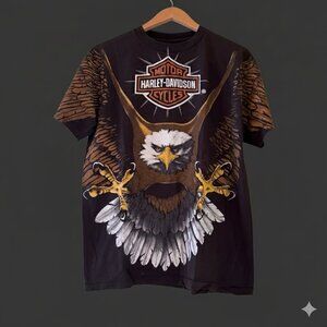 Harley Davidson Bald Eagle Biker Modern Boot Single Stitch AOP Tee Sz XL REPRINT